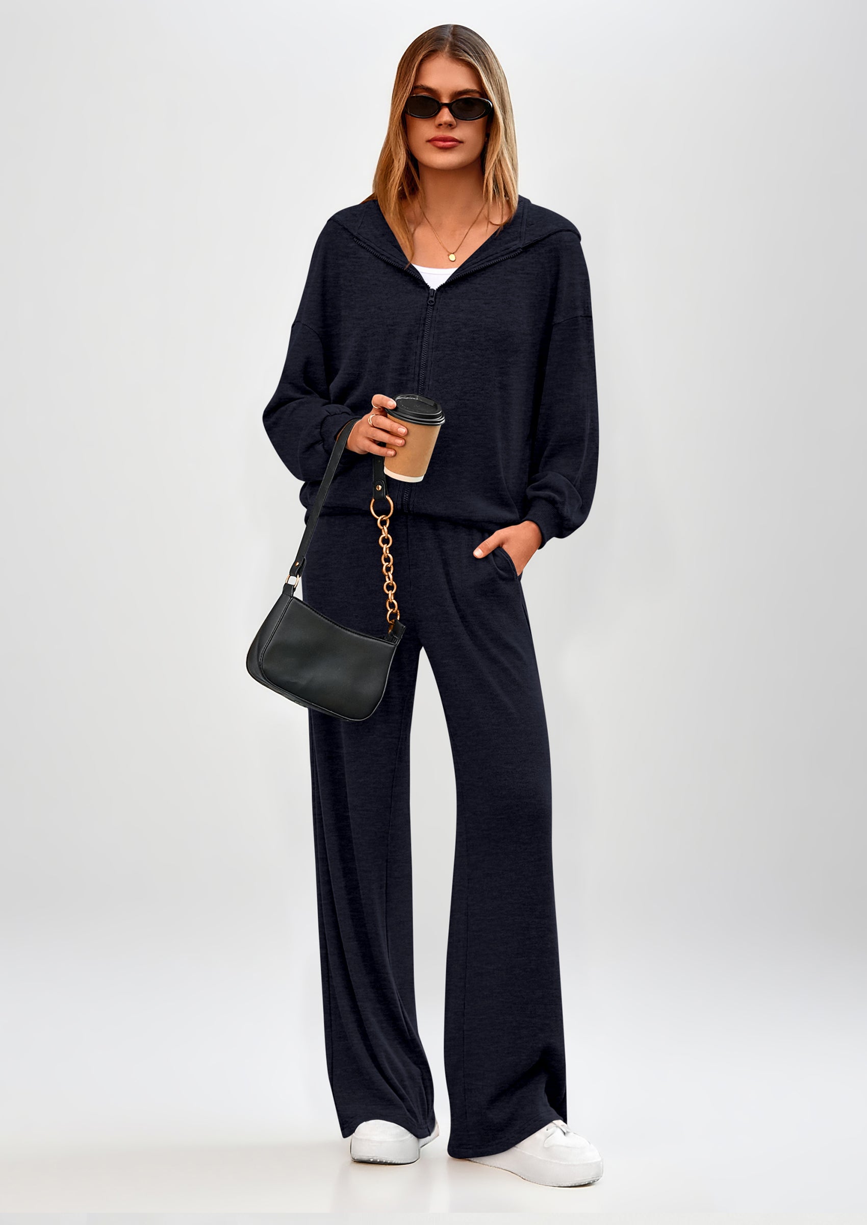 PRETTYGARDEN Women's 2 Piece Fall Lounge Sets Zip Up Hoodie Wide Leg Pants Tracksuit Matching Travel Outfits Clothes