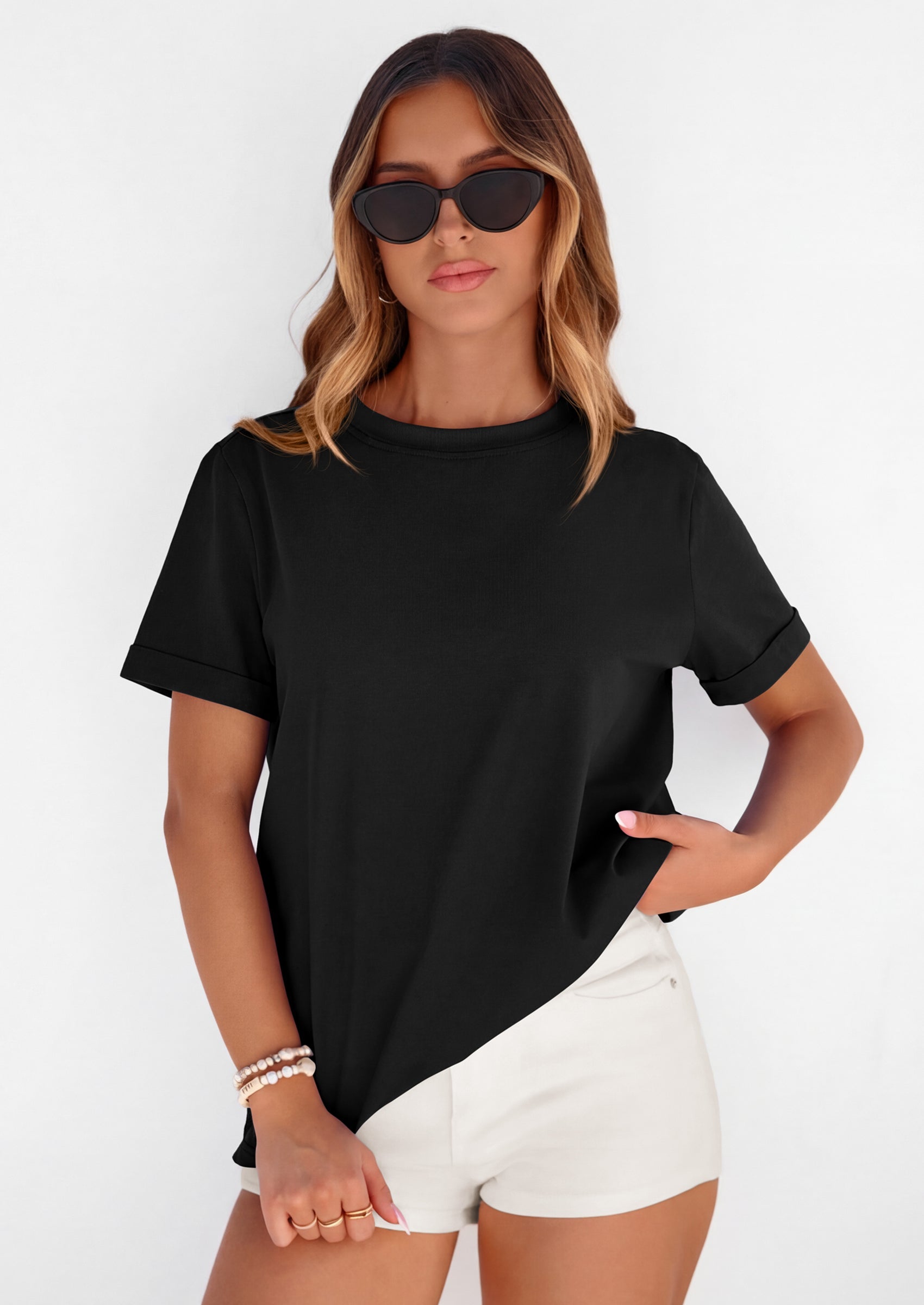 PRETTYGARDEN Womens Summer Tops Spring Casual Rolled Short Sleeve Basic Tees Crew Neck Work Shirts Fashion Clothing PRETTYGARDEN