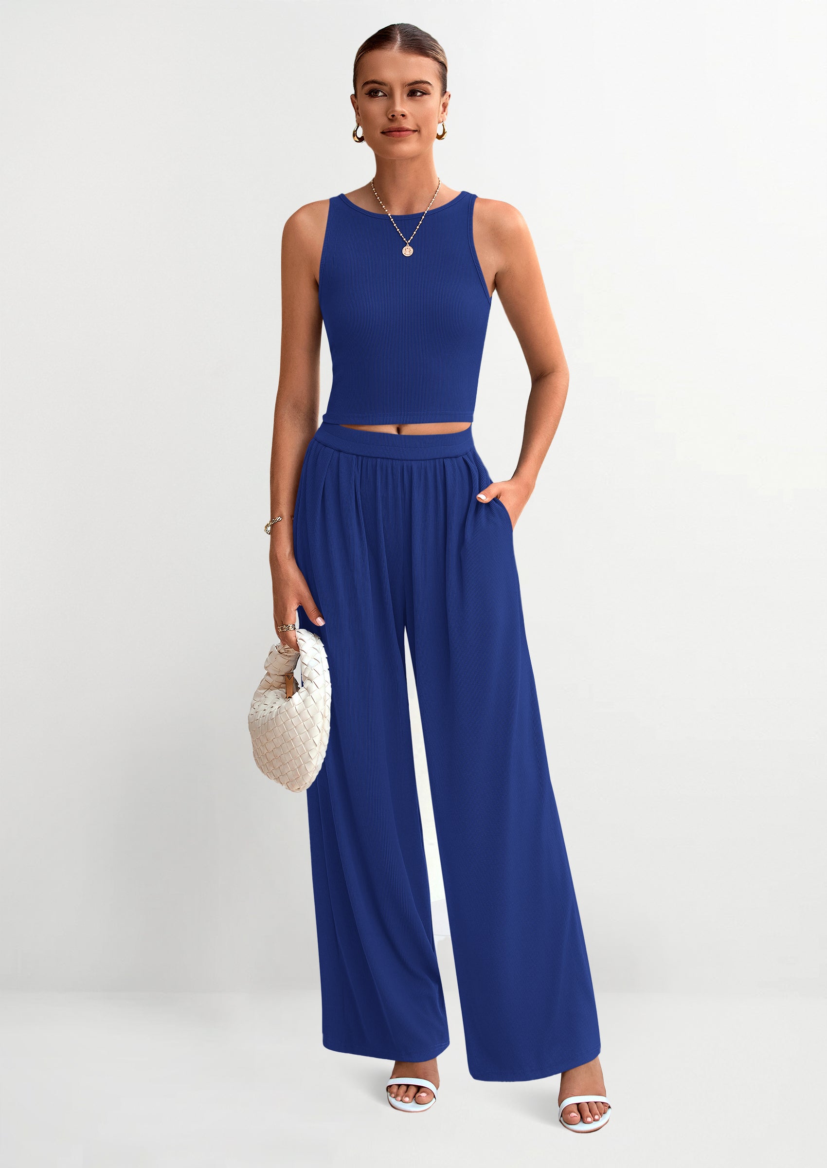 PRETTYGARDEN Two Piece Sets Ribbed Knit Crew Neck Sleeveless Tank Tops Wide Leg Pants Casual Lounge Set