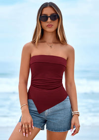 PRETTYGARDEN Tube Tops for Women Summer Strapless Asymmetrical Ruched Bandeau Shirts Trendy Spring Going Out Outfits PRETTYGARDEN