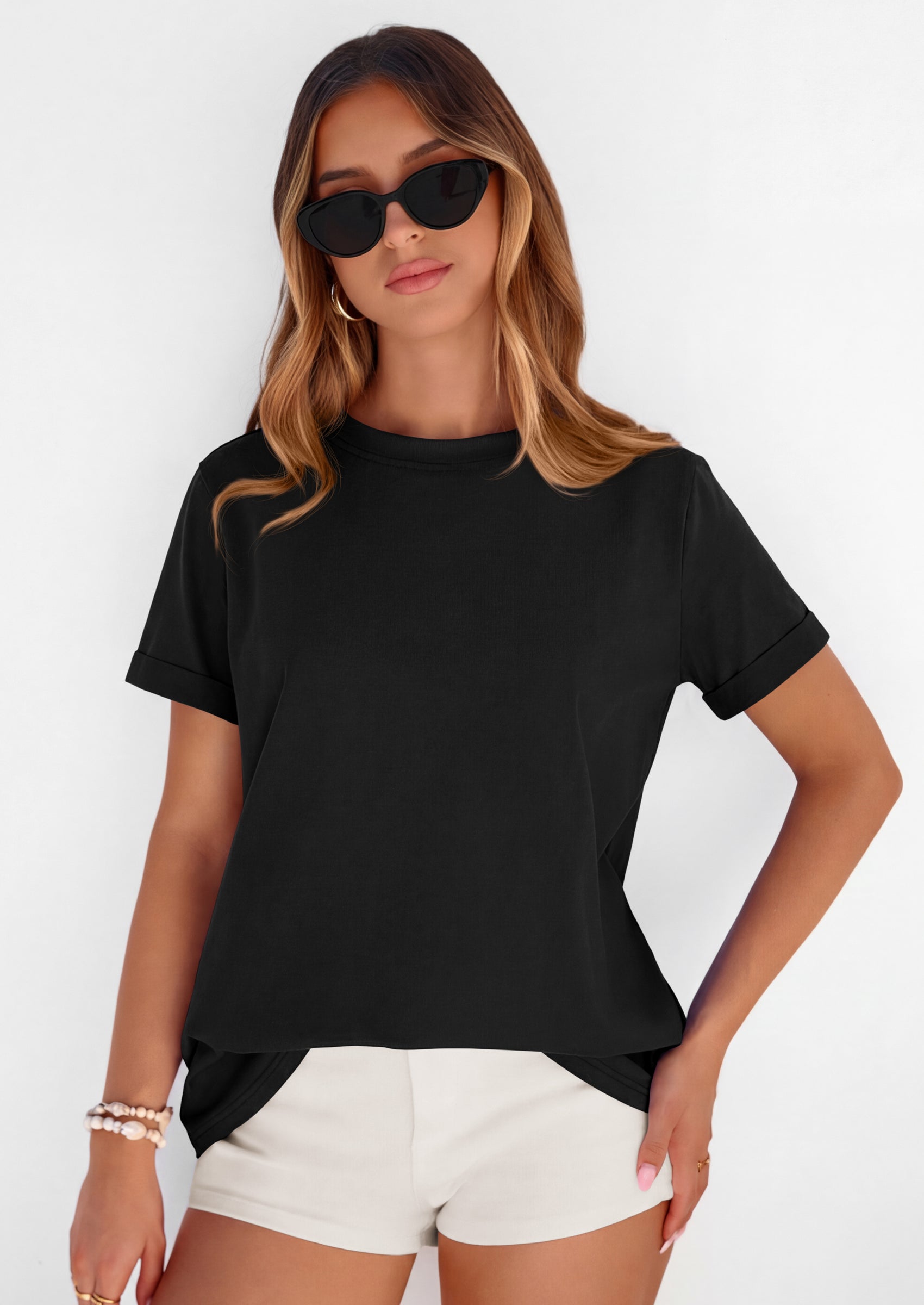 PRETTYGARDEN Womens Summer Tops Spring Casual Rolled Short Sleeve Basic Tees Crew Neck Work Shirts Fashion Clothing PRETTYGARDEN