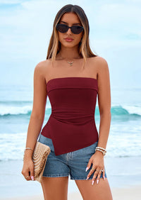 PRETTYGARDEN Tube Tops for Women Summer Strapless Asymmetrical Ruched Bandeau Shirts Trendy Spring Going Out Outfits PRETTYGARDEN
