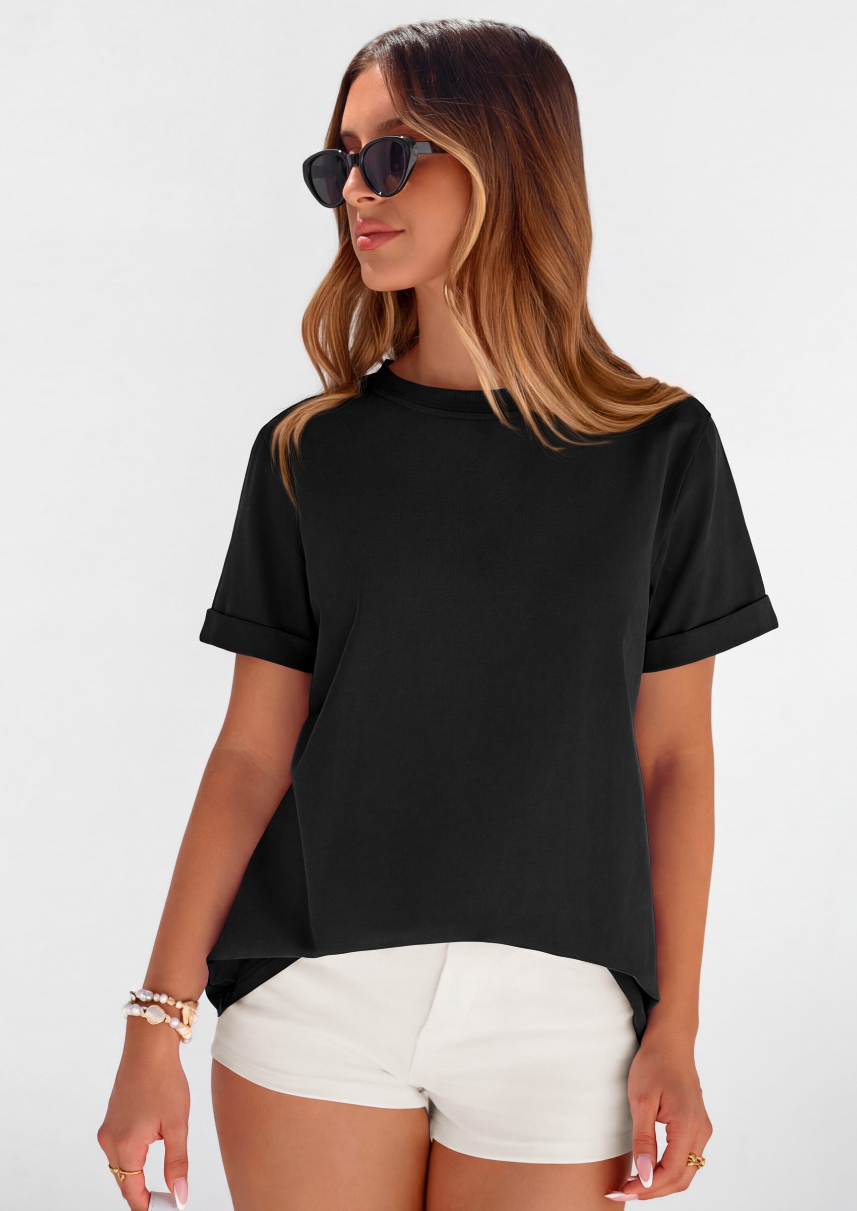 PRETTYGARDEN Womens Summer Tops Spring Casual Rolled Short Sleeve Basic Tees Crew Neck Work Shirts Fashion Clothing PRETTYGARDEN