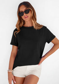 PRETTYGARDEN Womens Summer Tops Spring Casual Rolled Short Sleeve Basic Tees Crew Neck Work Shirts Fashion Clothing PRETTYGARDEN