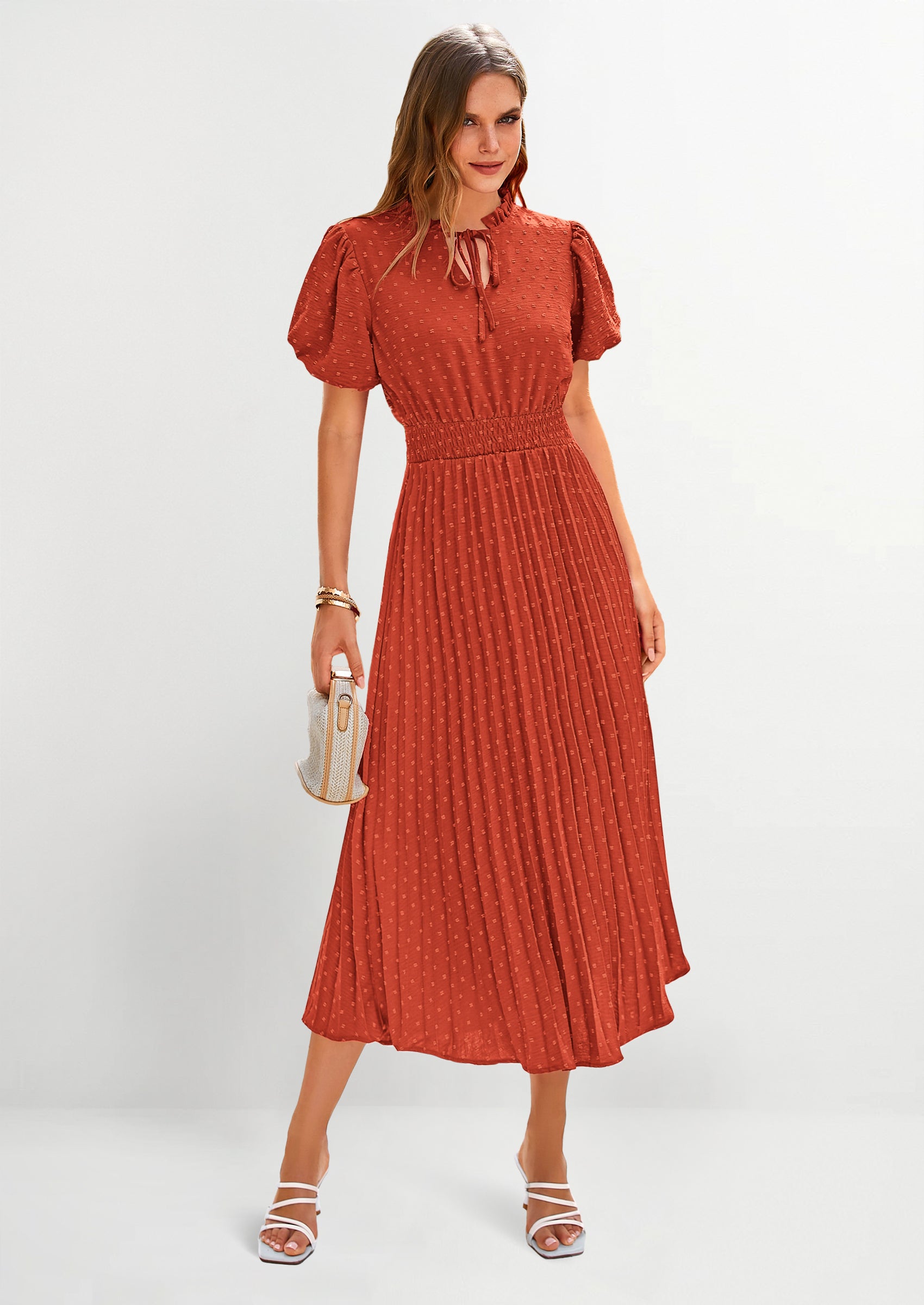 PRETTYGARDEN Womens Midi Dresses Puff Short Sleeve V Neck Swiss Dot Pleated A Line Flowy Long Wedding Guest Dress