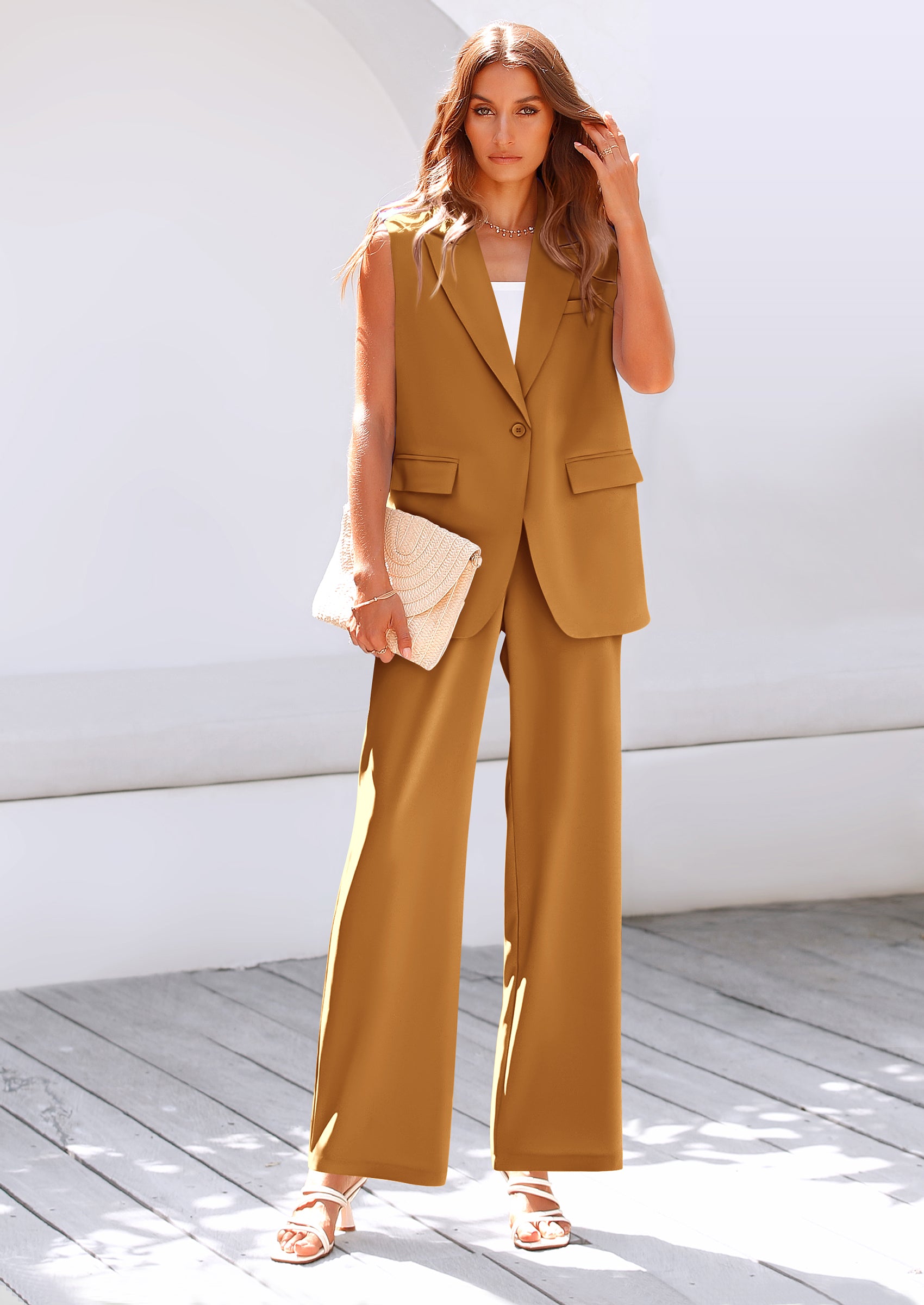 PRETTYGARDEN Women's 2 Piece Outfits Sleeveless Suit Vest and Wide Leg Pants Business Casual Blazer Sets