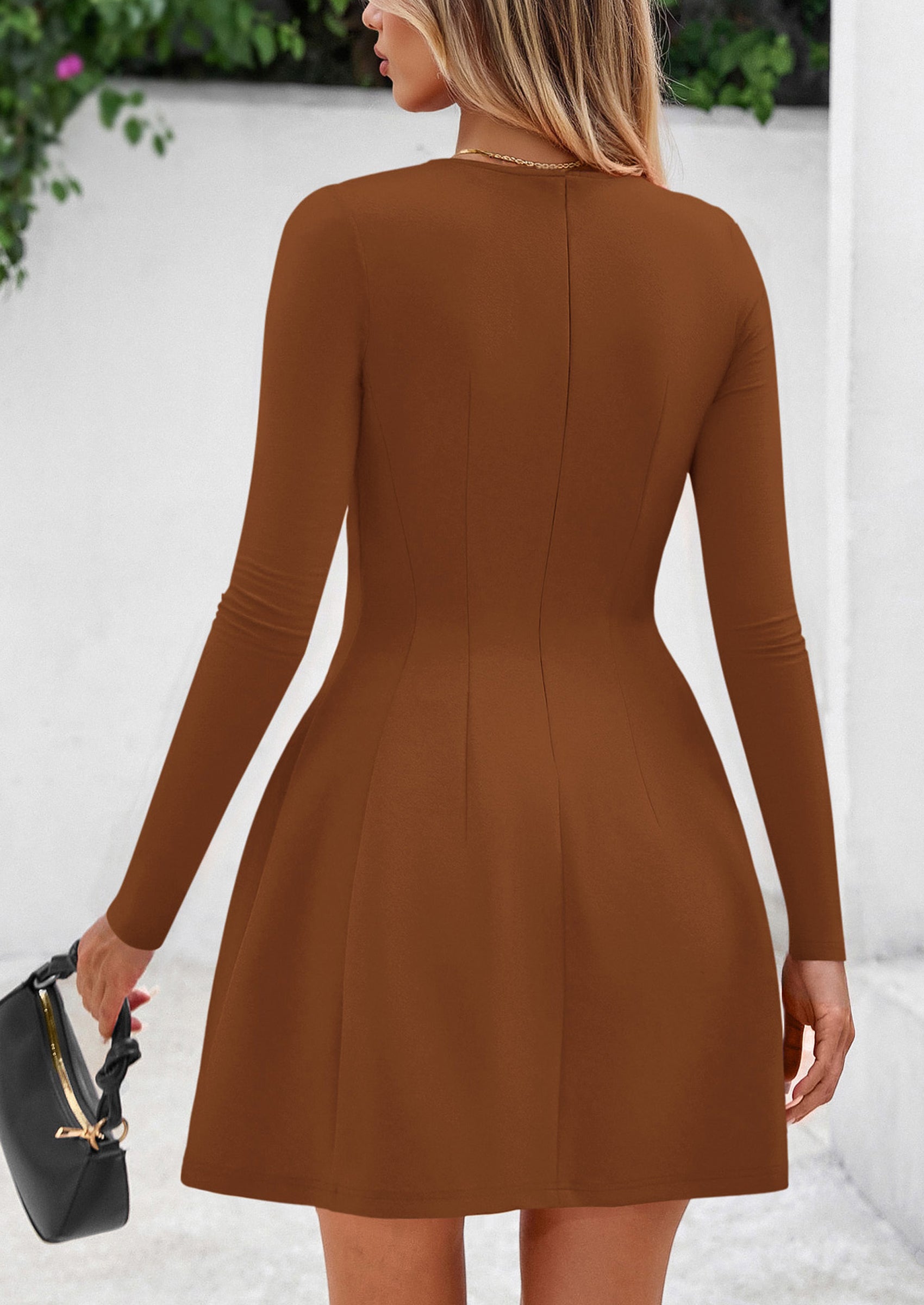 PRETTYGARDEN Long Sleeve Mini Dress for Women Fall Crewneck Knit Pleated Babydoll A Line Soft Casual Short Party Dresses