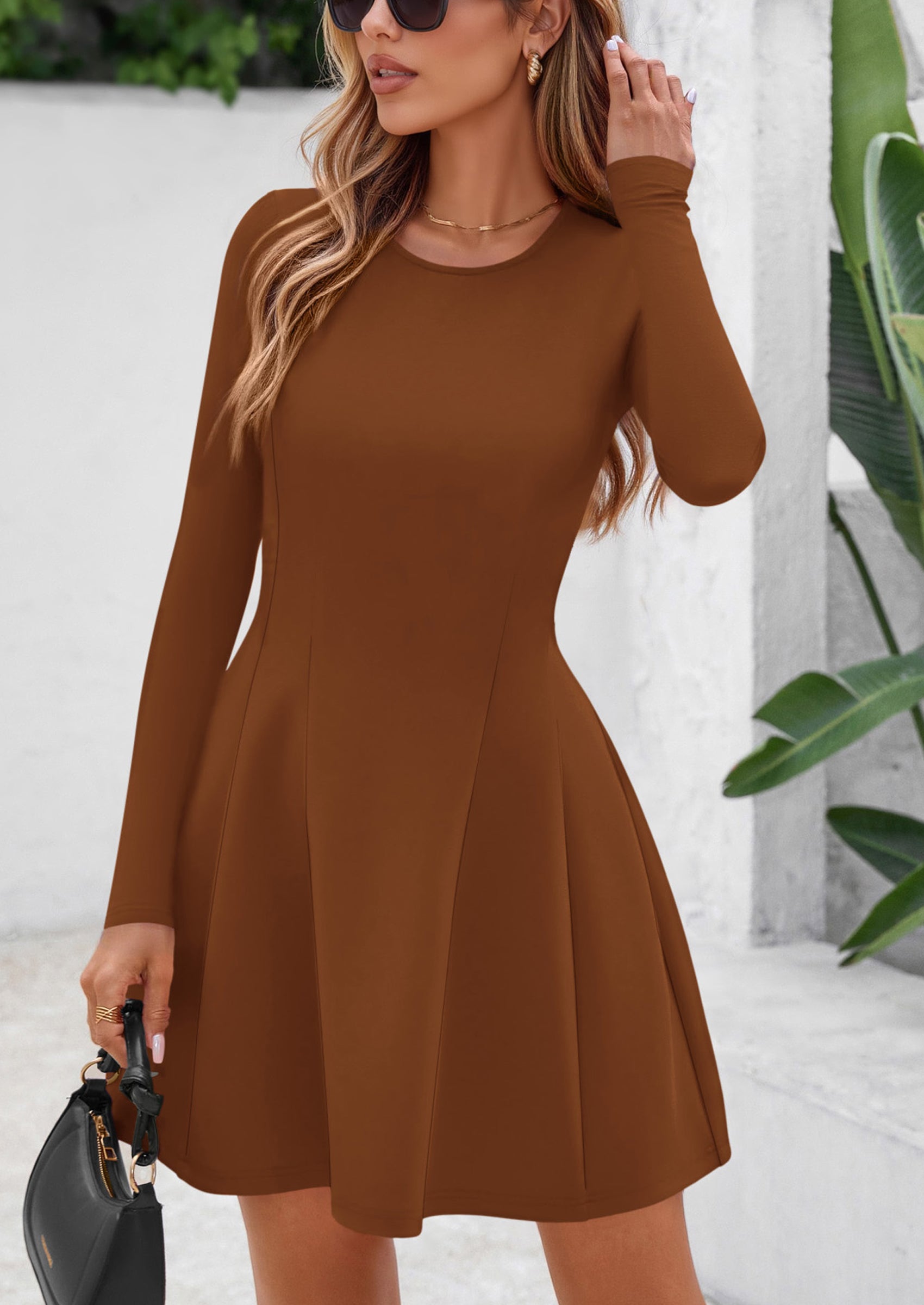 PRETTYGARDEN Long Sleeve Mini Dress for Women Fall Crewneck Knit Pleated Babydoll A Line Soft Casual Short Party Dresses