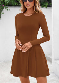 PRETTYGARDEN Long Sleeve Mini Dress for Women Fall Crewneck Knit Pleated Babydoll A Line Soft Casual Short Party Dresses