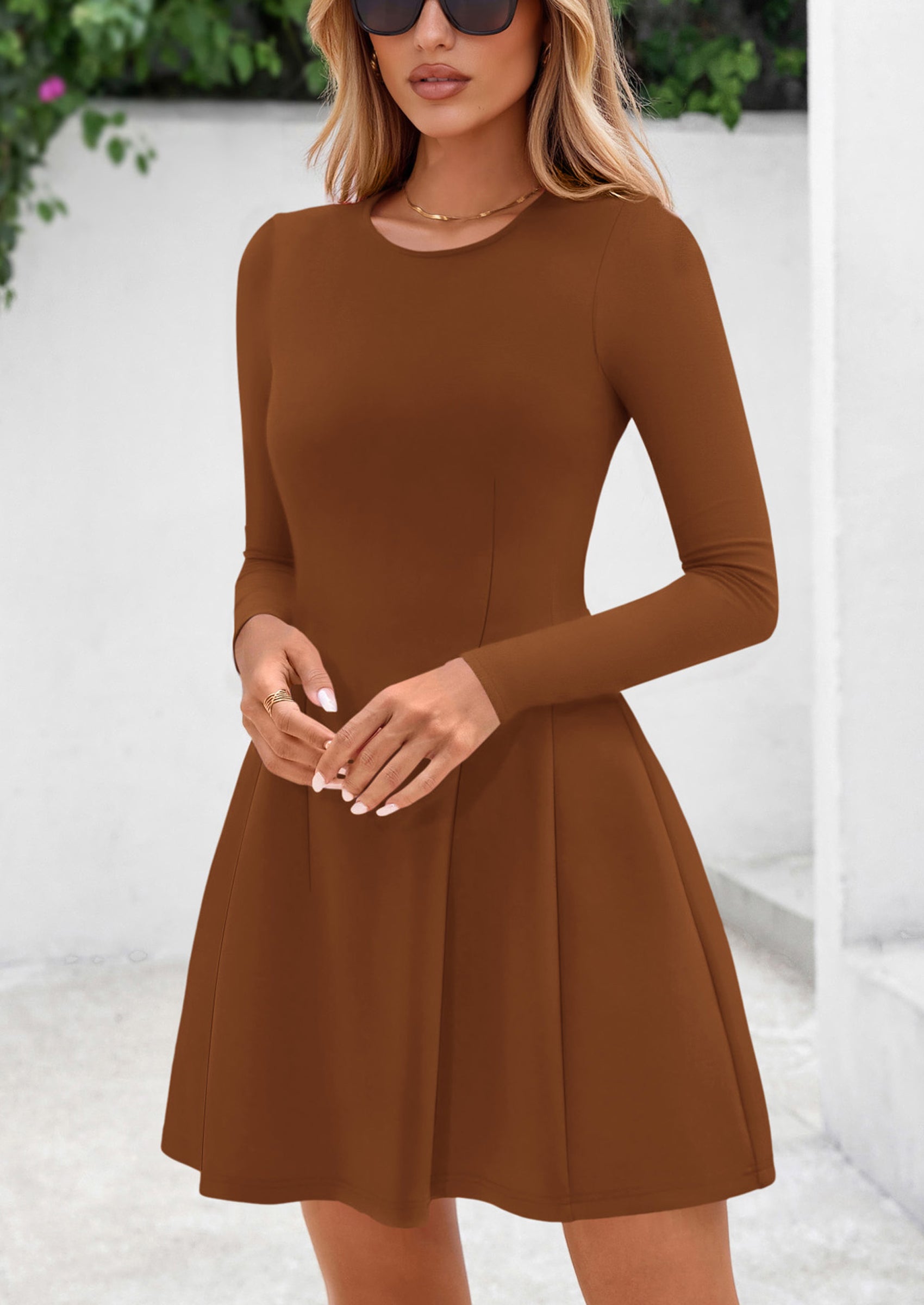 PRETTYGARDEN Long Sleeve Mini Dress for Women Fall Crewneck Knit Pleated Babydoll A Line Soft Casual Short Party Dresses