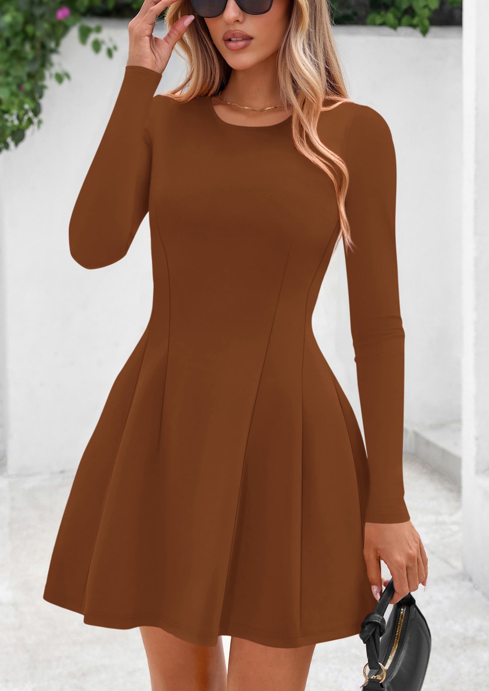 PRETTYGARDEN Long Sleeve Mini Dress for Women Fall Crewneck Knit Pleated Babydoll A Line Soft Casual Short Party Dresses