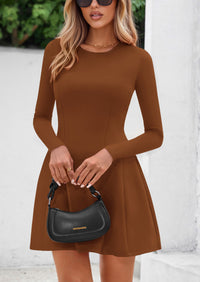 PRETTYGARDEN Long Sleeve Mini Dress for Women Fall Crewneck Knit Pleated Babydoll A Line Soft Casual Short Party Dresses