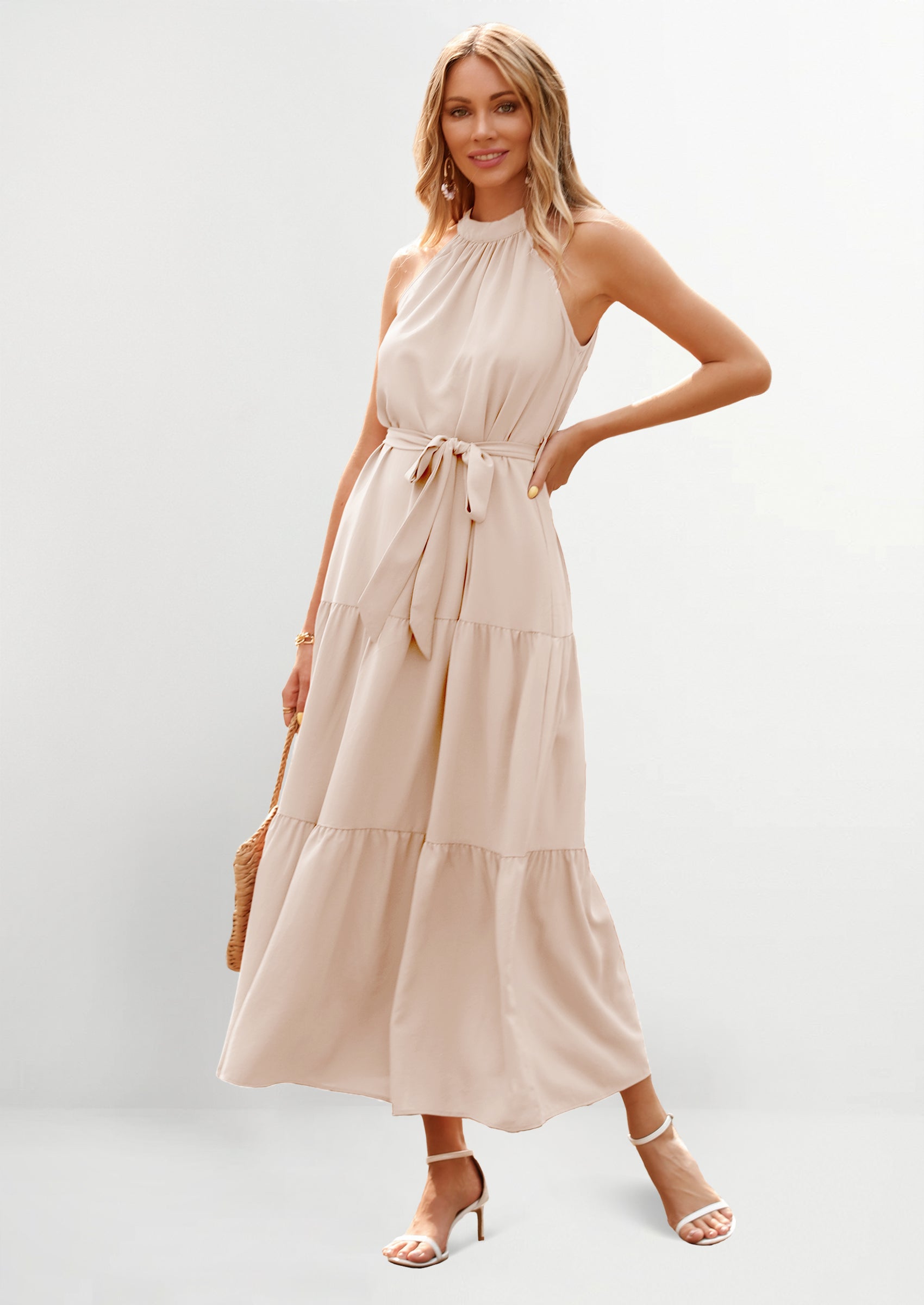 PRETTYGARDEN Women's Summer Floral Maxi Sun Dress Sleeveless Halter Neck Flowy Ruffle Hem Long Boho Dresses with Belt