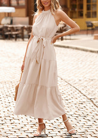 PRETTYGARDEN Women's Summer Floral Maxi Sun Dress Sleeveless Halter Neck Flowy Ruffle Hem Long Boho Dresses with Belt