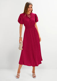 PRETTYGARDEN Womens Midi Dresses Puff Short Sleeve V Neck Swiss Dot Pleated A Line Flowy Long Wedding Guest Dress