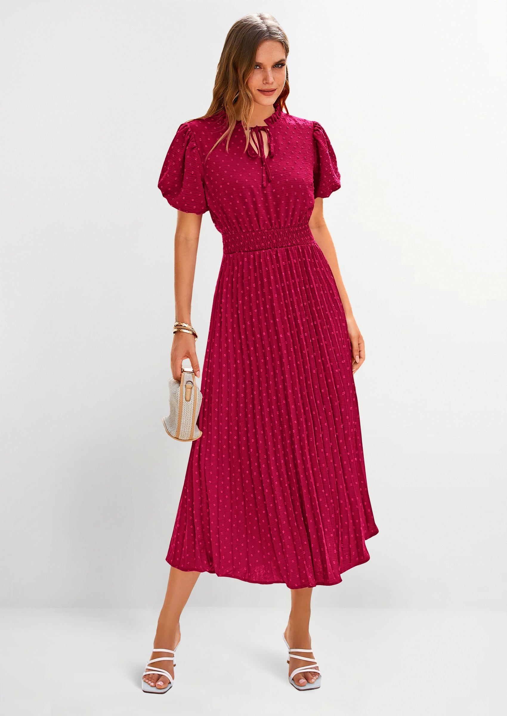 PRETTYGARDEN Womens Midi Dresses Puff Short Sleeve V Neck Swiss Dot Pleated A Line Flowy Long Wedding Guest Dress