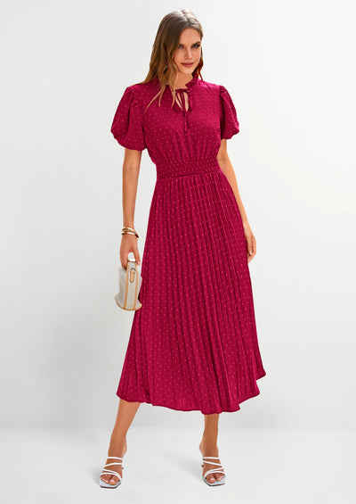 PRETTYGARDEN Womens Midi Dresses Puff Short Sleeve V Neck Swiss Dot Pleated A Line Flowy Long Wedding Guest Dress