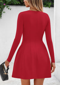 PRETTYGARDEN Long Sleeve Mini Dress for Women Fall Crewneck Knit Pleated Babydoll A Line Soft Casual Short Party Dresses