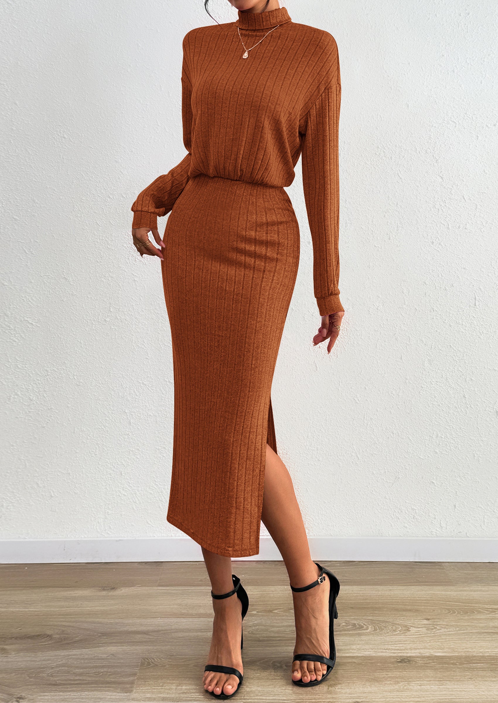 PRETTYGARDEN Turtle Neck Dresses for Women Fall Knit Outfits Slit Elastic Waist Long Sleeve Bodycon Midi Sweater Dress