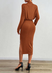 PRETTYGARDEN Turtle Neck Dresses for Women Fall Knit Outfits Slit Elastic Waist Long Sleeve Bodycon Midi Sweater Dress