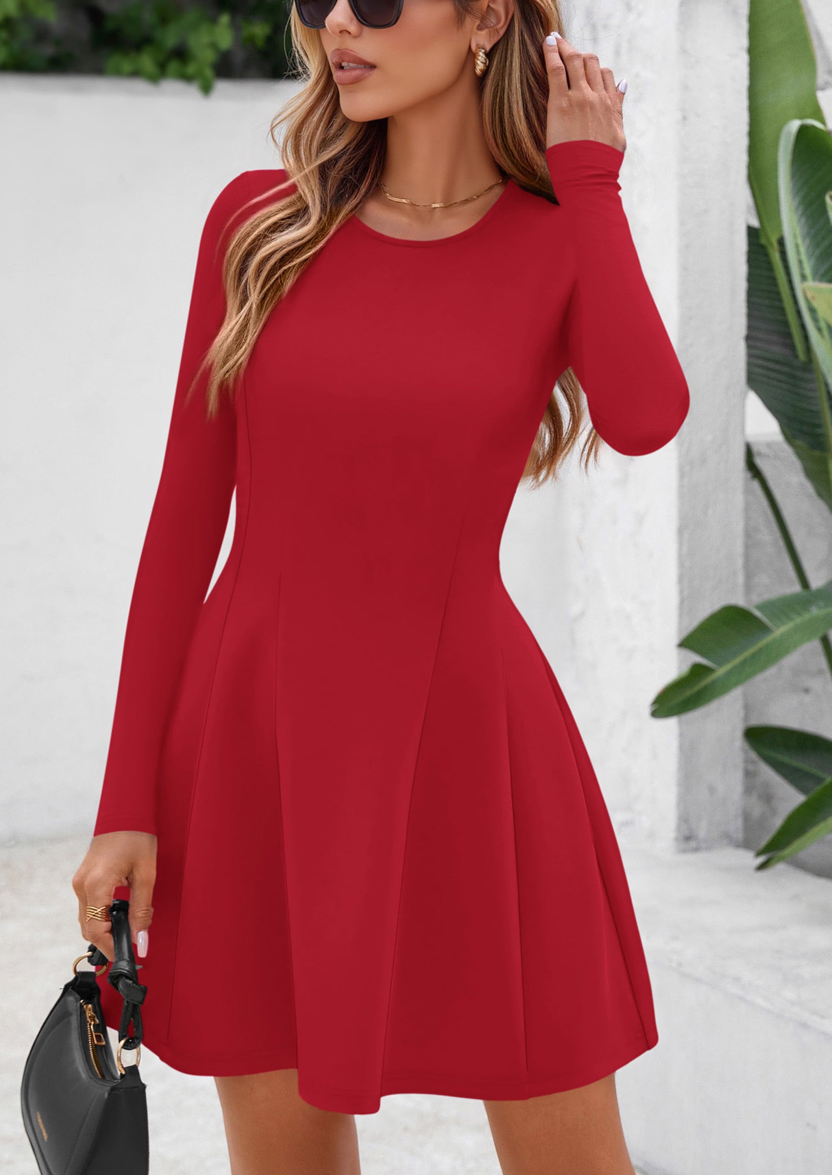 PRETTYGARDEN Long Sleeve Mini Dress for Women Fall Crewneck Knit Pleated Babydoll A Line Soft Casual Short Party Dresses
