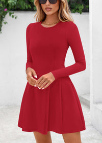 PRETTYGARDEN Long Sleeve Mini Dress for Women Fall Crewneck Knit Pleated Babydoll A Line Soft Casual Short Party Dresses