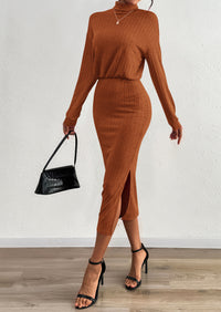 PRETTYGARDEN Turtle Neck Dresses for Women Fall Knit Outfits Slit Elastic Waist Long Sleeve Bodycon Midi Sweater Dress