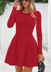 PRETTYGARDEN Long Sleeve Mini Dress for Women Fall Crewneck Knit Pleated Babydoll A Line Soft Casual Short Party Dresses