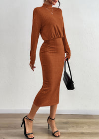 PRETTYGARDEN Turtle Neck Dresses for Women Fall Knit Outfits Slit Elastic Waist Long Sleeve Bodycon Midi Sweater Dress