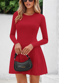 PRETTYGARDEN Long Sleeve Mini Dress for Women Fall Crewneck Knit Pleated Babydoll A Line Soft Casual Short Party Dresses