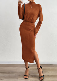 PRETTYGARDEN Turtle Neck Dresses for Women Fall Knit Outfits Slit Elastic Waist Long Sleeve Bodycon Midi Sweater Dress