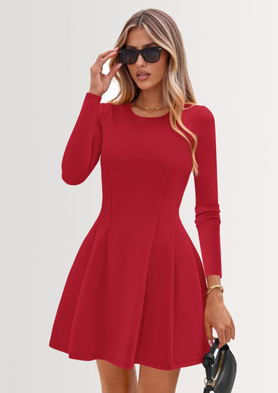 PRETTYGARDEN Long Sleeve Mini Dress for Women Fall Crewneck Knit Pleated Babydoll A Line Soft Casual Short Party Dresses