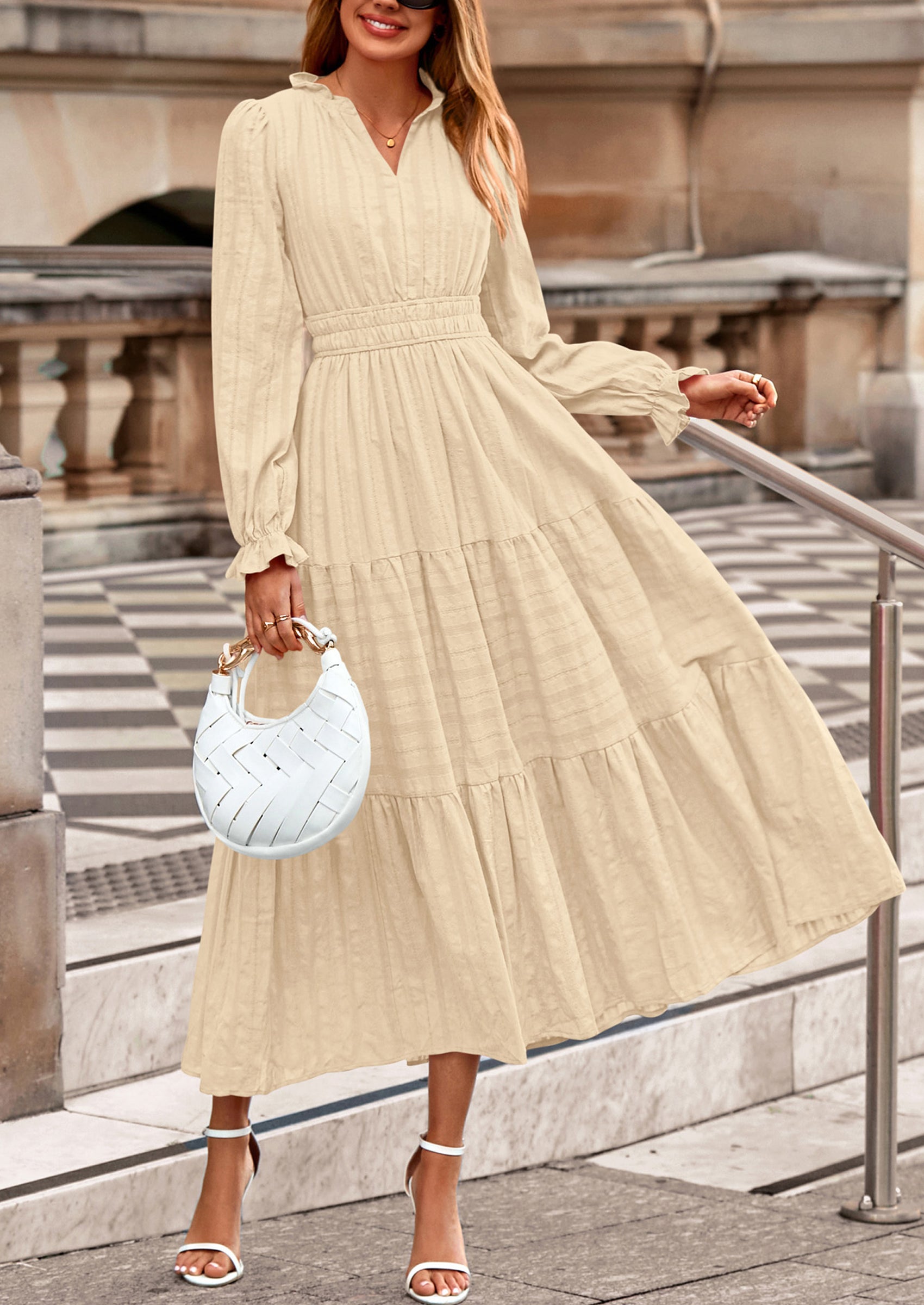 PRETTYGARDEN Women's Fall Wedding Guest Dresses Long Sleeve V Neck Flowy Elegant Holiday Party Maxi Dress with Pockets