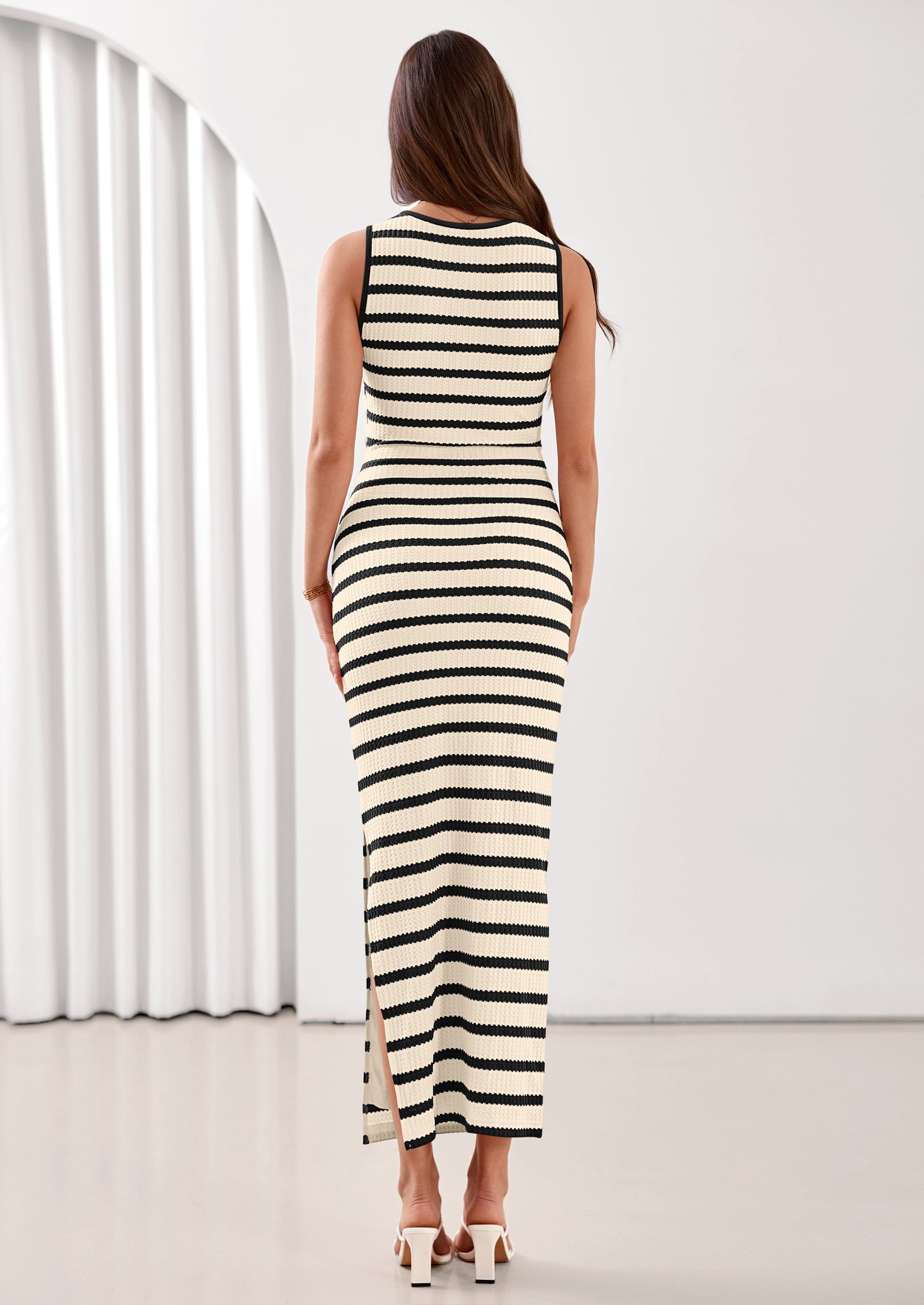 PRETTYGARDEN Sundresses for Women Summer Striped Knit Side Slit Spring Fashion Bodycon Maxi Dress Beach Vacation Clothes PRETTYGARDEN