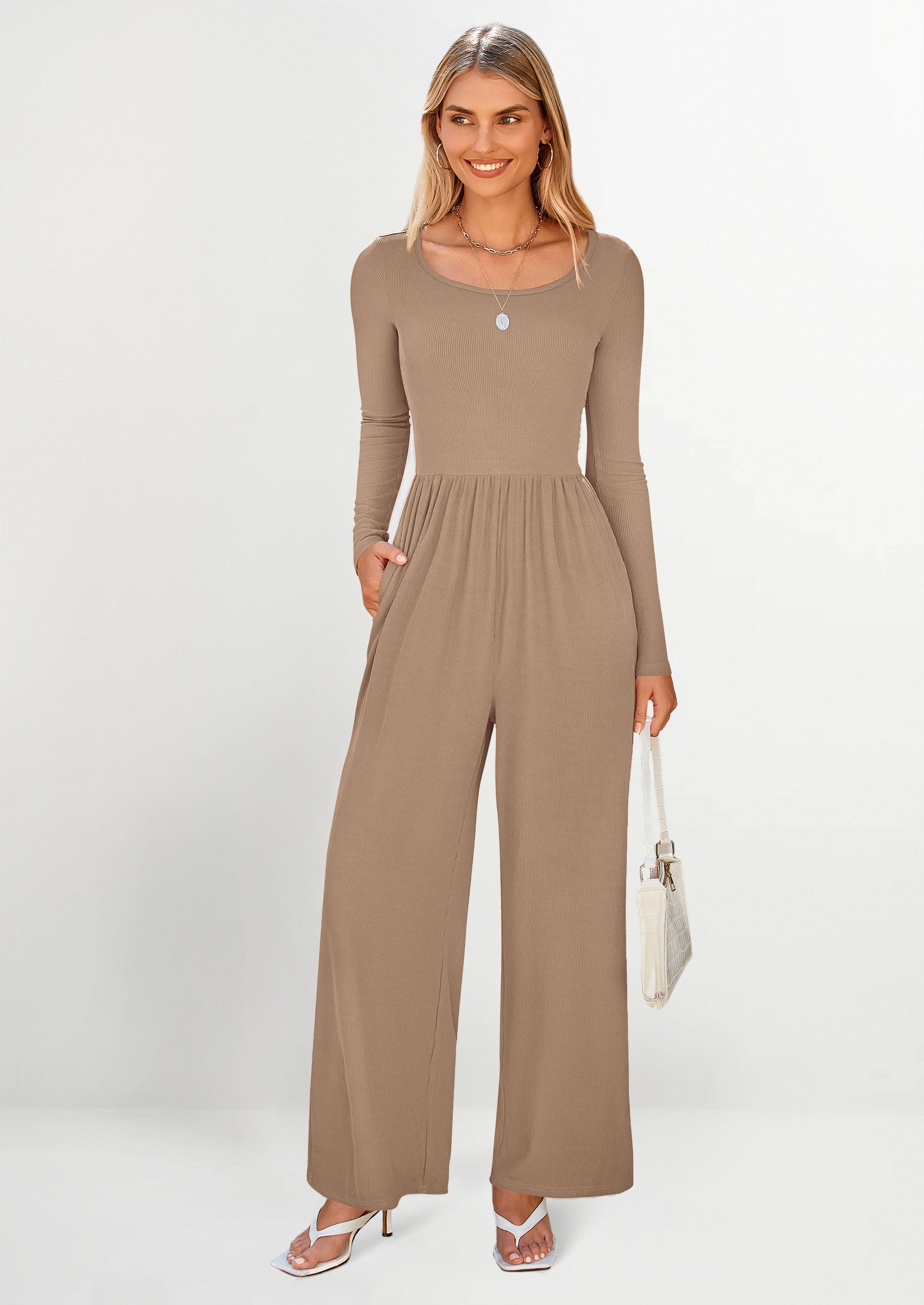 PRETTYGARDEN Fashion Jumpsuits Dressy Casual Long Sleeve Wide Leg Ribbed Knit Rompers