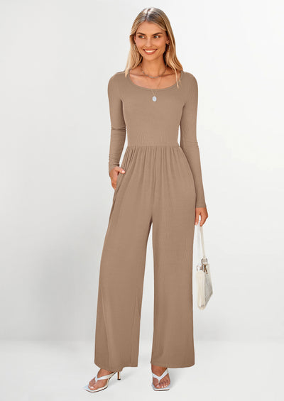 PRETTYGARDEN Fashion Jumpsuits Dressy Casual Long Sleeve Wide Leg Ribbed Knit Rompers