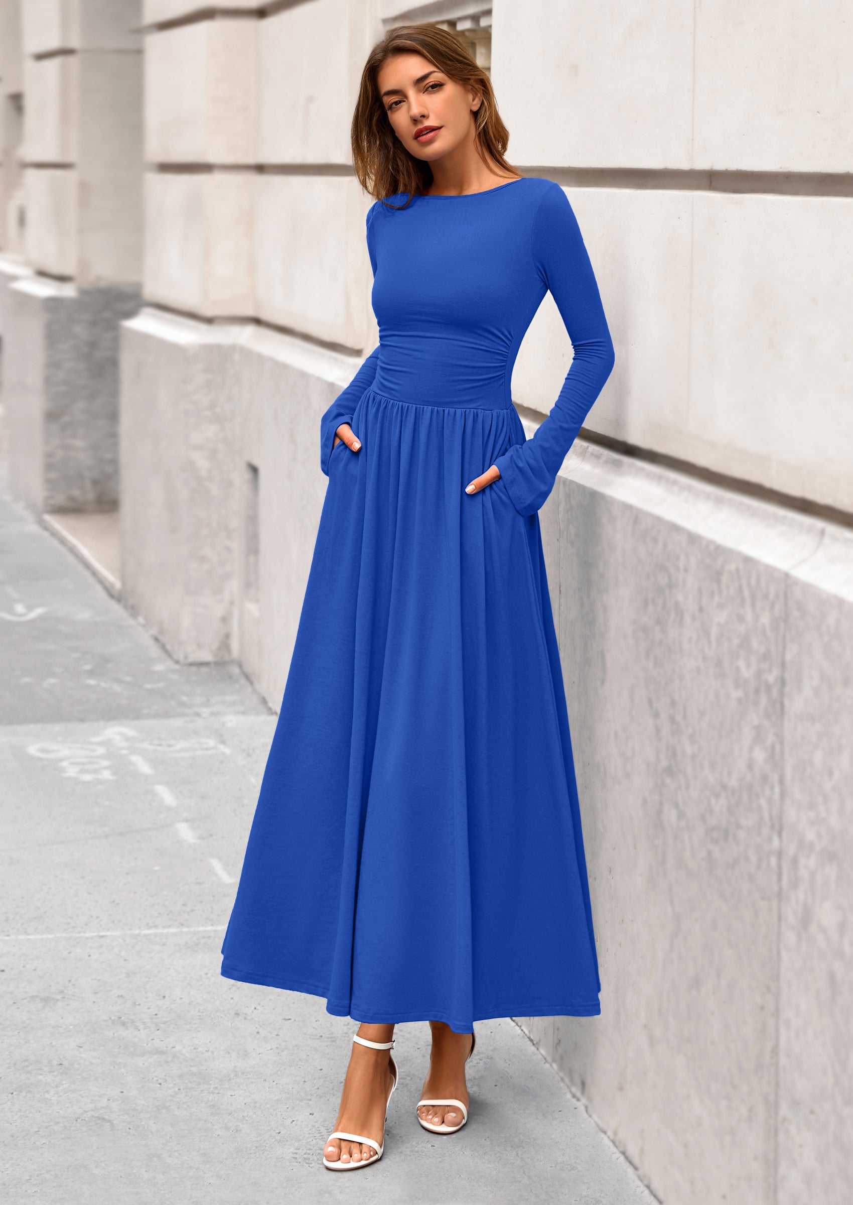 BTFBM Long Sleeve Maxi Dresses for Women Fall Casual Ruched Boat Neck Flowy Elegant Formal Wedding Guest Dress