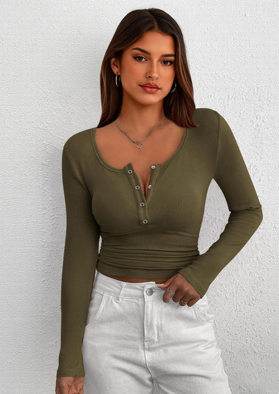 BTFBM Women Long Sleeve Shirts Fall Tops V Neck Button Up Slim Fit Ribbed Knit Solid Color Casual Shirts