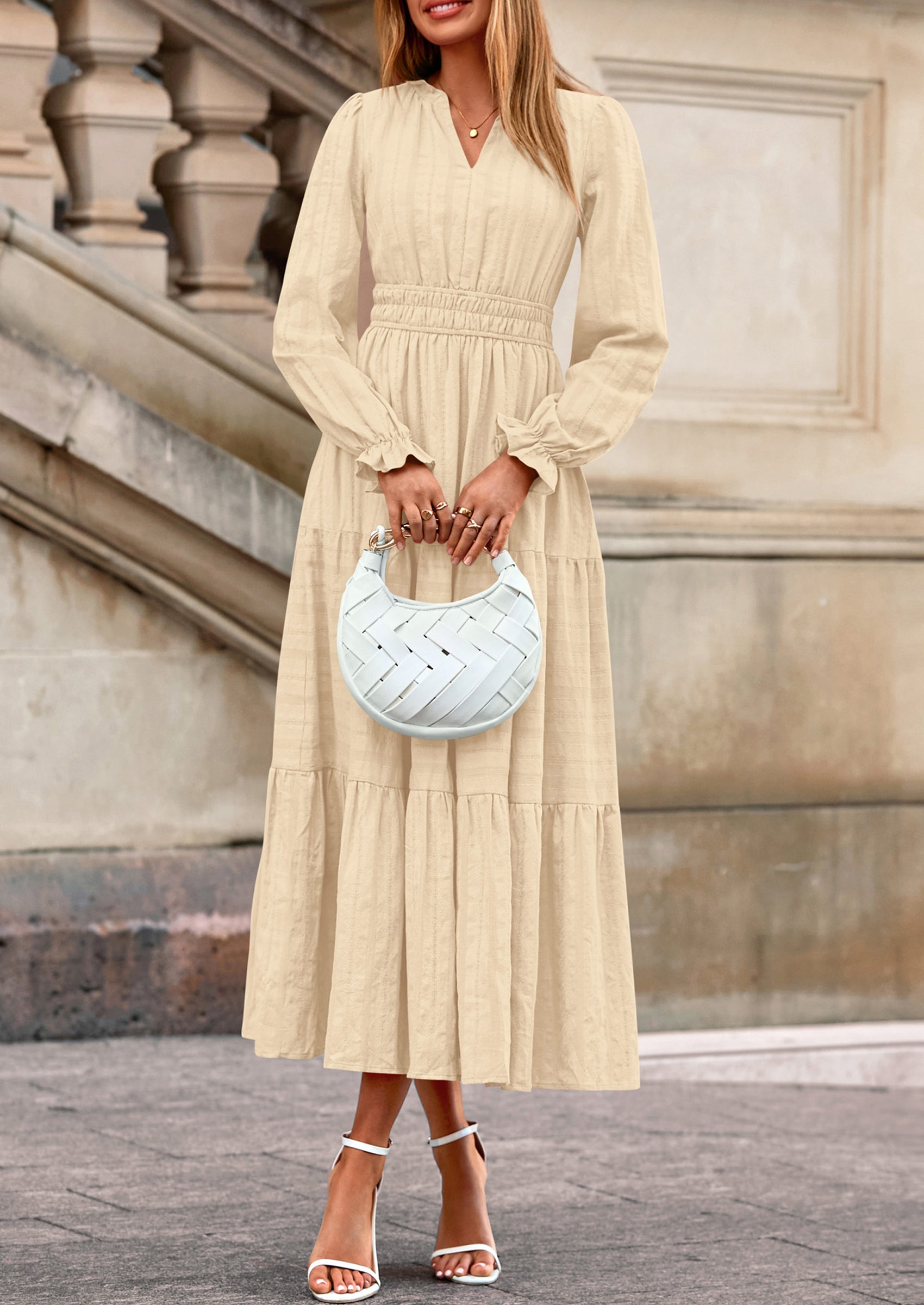 PRETTYGARDEN Women's Fall Wedding Guest Dresses Long Sleeve V Neck Flowy Elegant Holiday Party Maxi Dress with Pockets