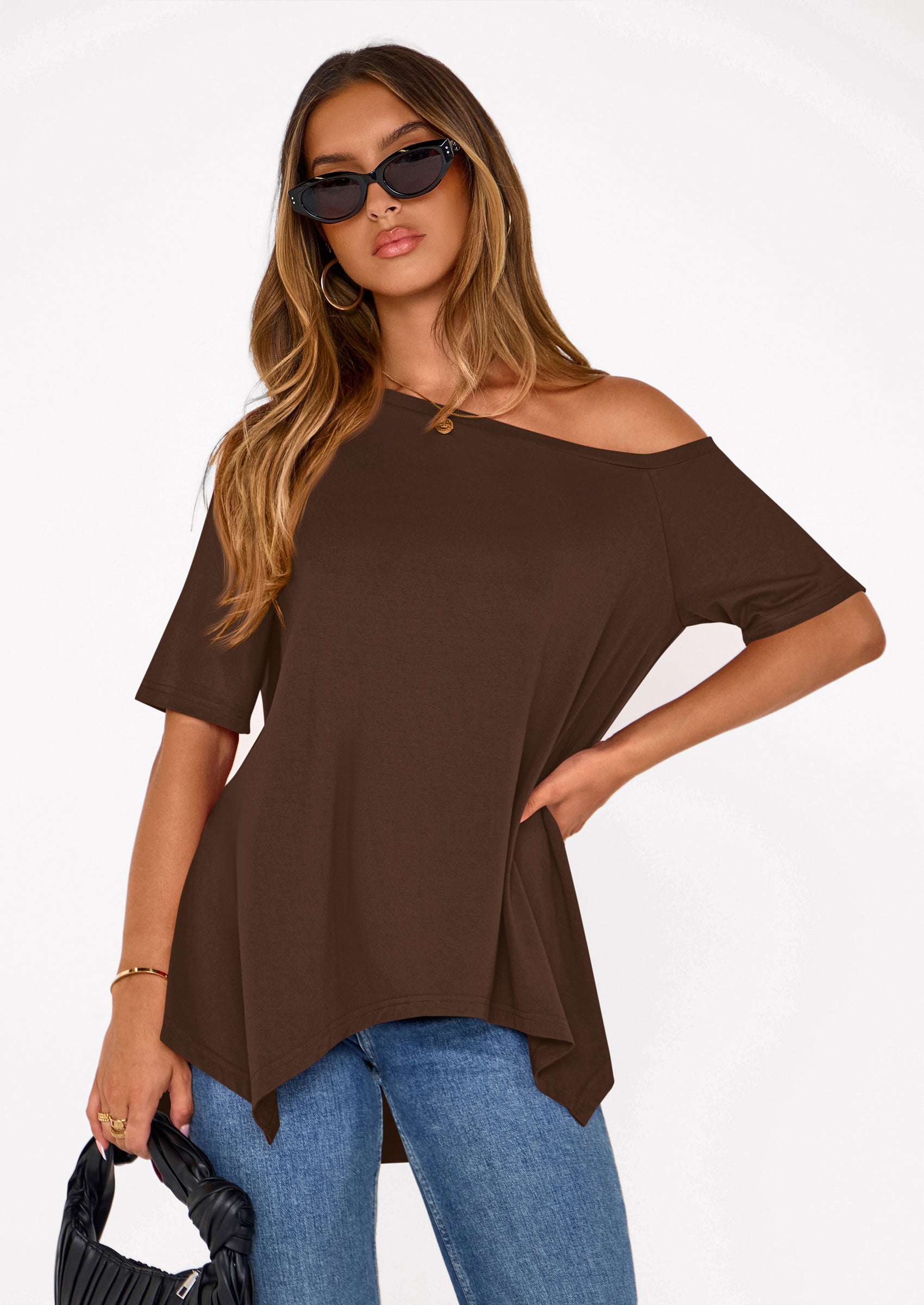 PRETTYGARDEN Off The Shoulder Tops for Women Summer Short Sleeve Asymmetrical Oversized Tee Shirts Casual Spring Clothes PRETTYGARDEN
