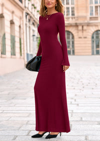 PRETTYGARDEN Women's Fall Fashion Long Sleeve Maxi Dress Ribbed Knit Boat Neck Bodycon Casual Dresses Going Out Outfits