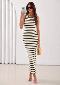 PRETTYGARDEN Sundresses for Women Summer Striped Knit Side Slit Spring Fashion Bodycon Maxi Dress Beach Vacation Clothes PRETTYGARDEN