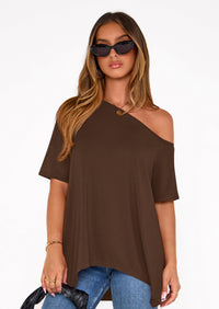 PRETTYGARDEN Off The Shoulder Tops for Women Summer Short Sleeve Asymmetrical Oversized Tee Shirts Casual Spring Clothes PRETTYGARDEN