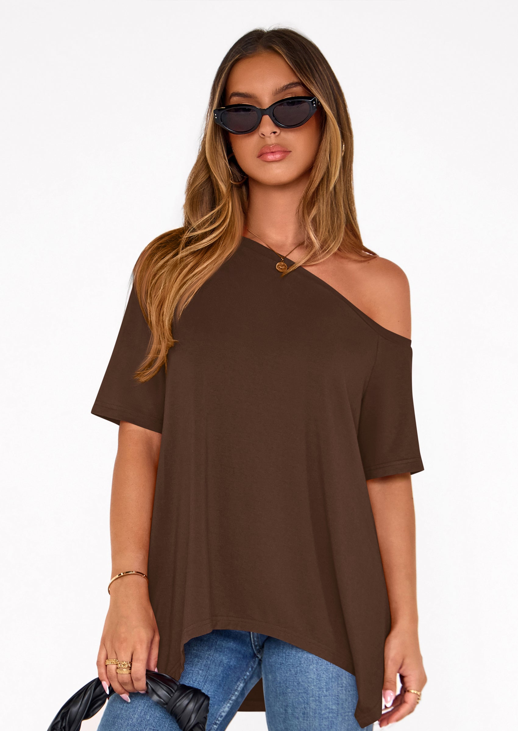 PRETTYGARDEN Off The Shoulder Tops for Women Summer Short Sleeve Asymmetrical Oversized Tee Shirts Casual Spring Clothes PRETTYGARDEN