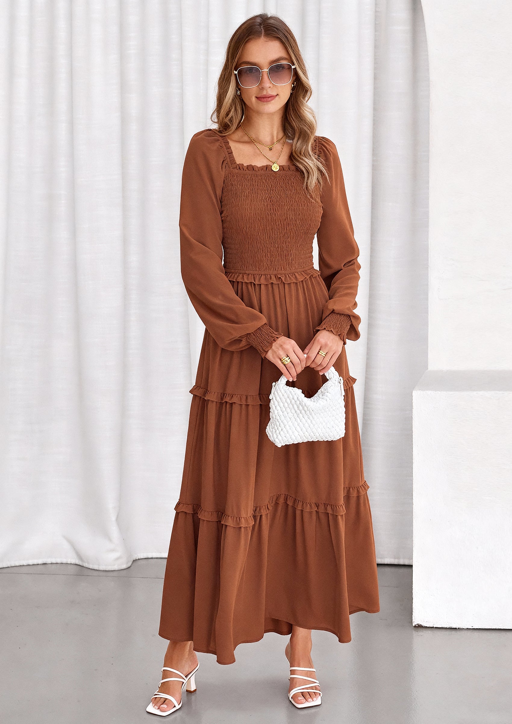 PRETTYGARDEN Fall Wedding Guest Dresses for Women Long Sleeve Square Neck Tiered A Line Modest Elegant Flowy Dresses PRETTYGARDEN