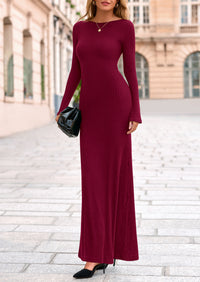 PRETTYGARDEN Women's Fall Fashion Long Sleeve Maxi Dress Ribbed Knit Boat Neck Bodycon Casual Dresses Going Out Outfits