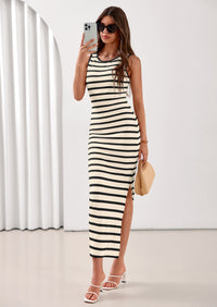 PRETTYGARDEN Sundresses for Women Summer Striped Knit Side Slit Spring Fashion Bodycon Maxi Dress Beach Vacation Clothes PRETTYGARDEN
