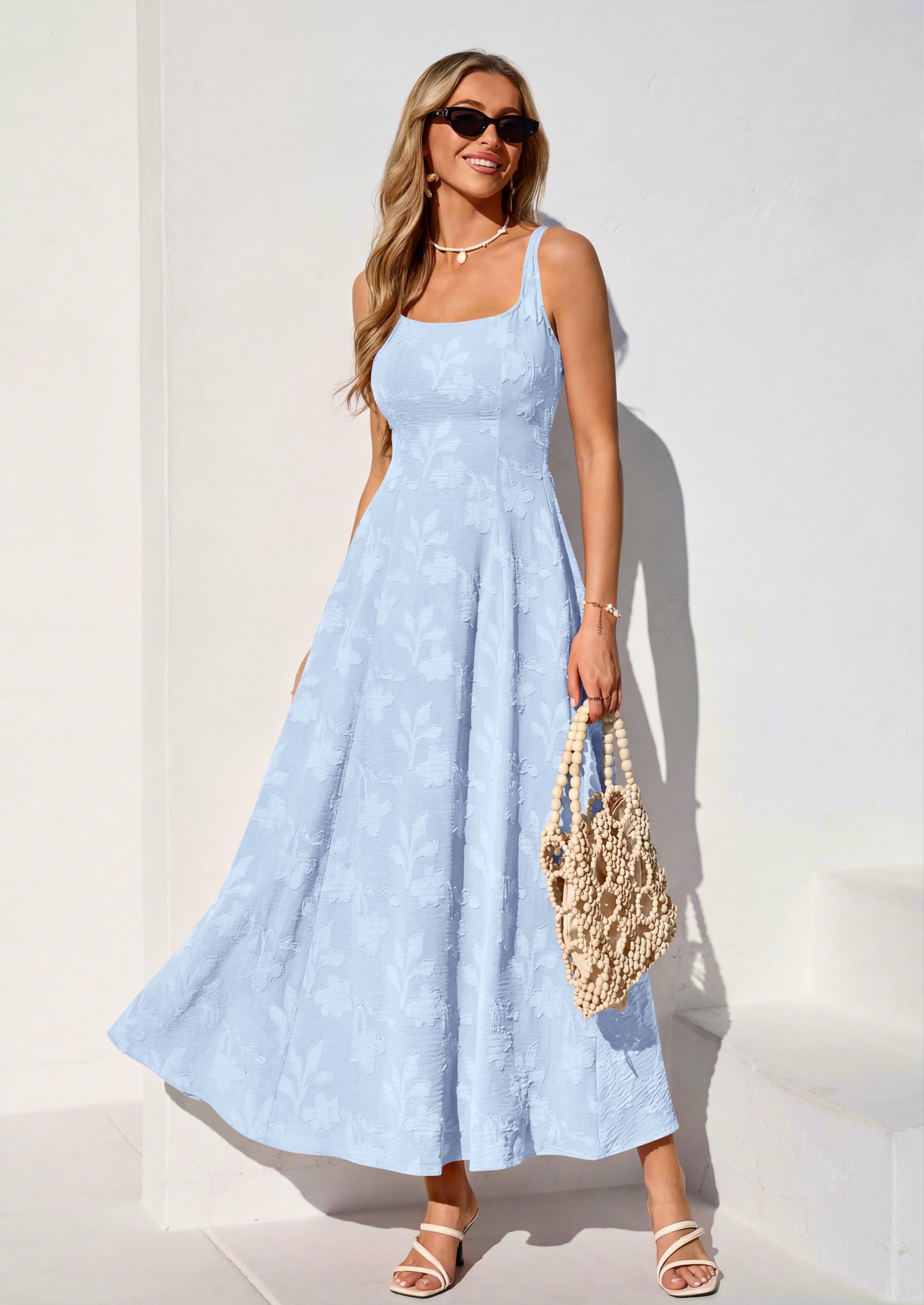 PRETTYGARDEN Womens Summer Maxi Dresses Casual Sleeveless Square Neck Jacquard Flowy Wedding Guest Beach Boho Long Dress