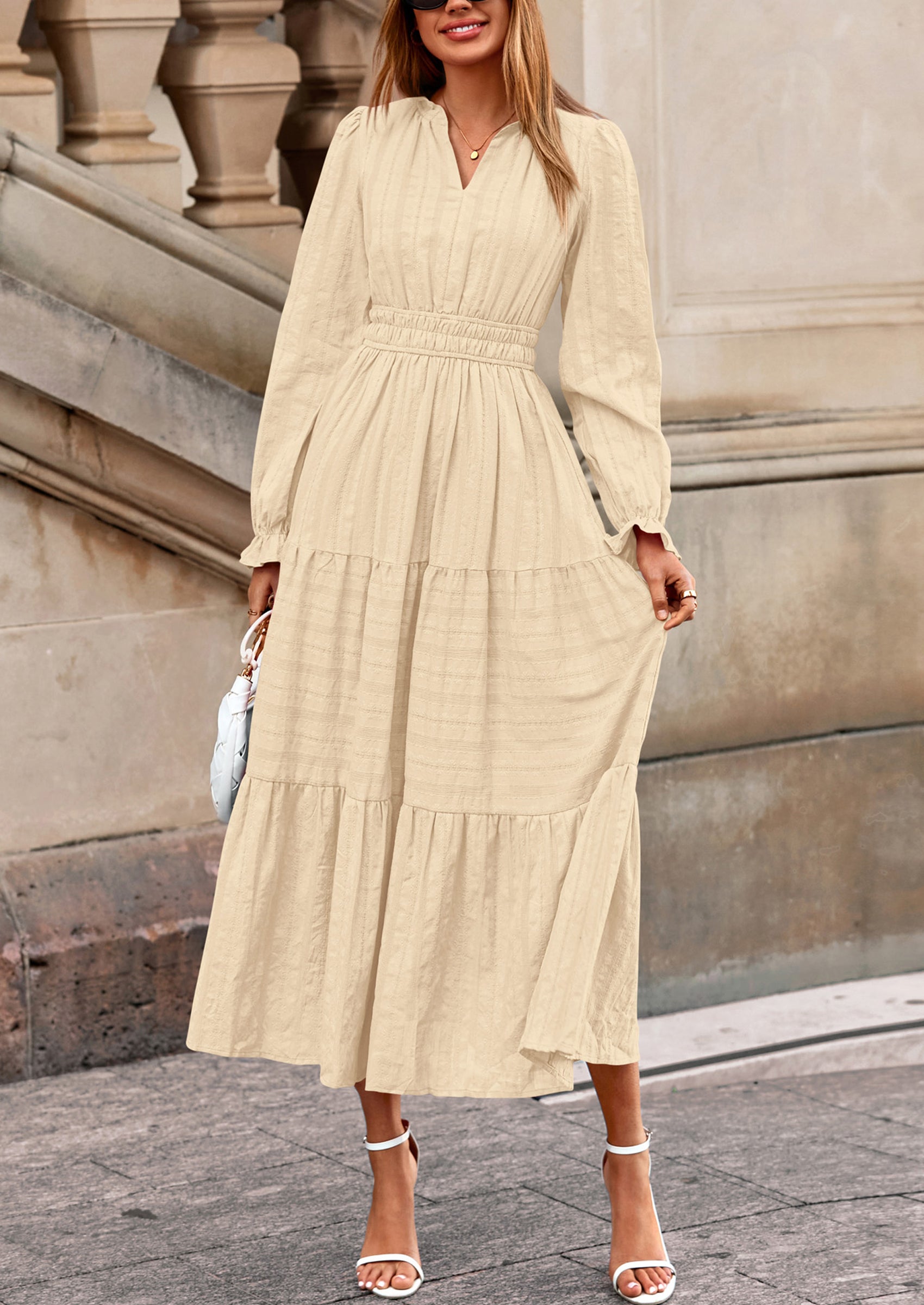 PRETTYGARDEN Women's Fall Wedding Guest Dresses Long Sleeve V Neck Flowy Elegant Holiday Party Maxi Dress with Pockets