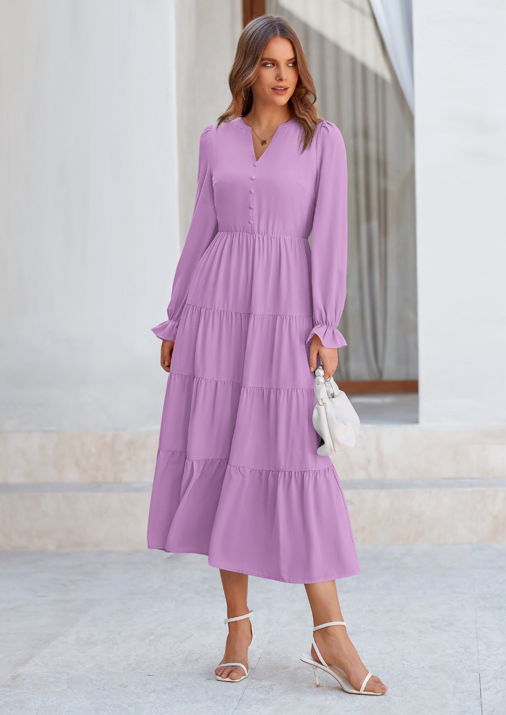 PRETTYGARDEN Women Fall Long Sleeve Smocked Maxi Dress Casual Square Neck Swiss Dot Tiered Ruffle Flowy Spring Pocket Dresses